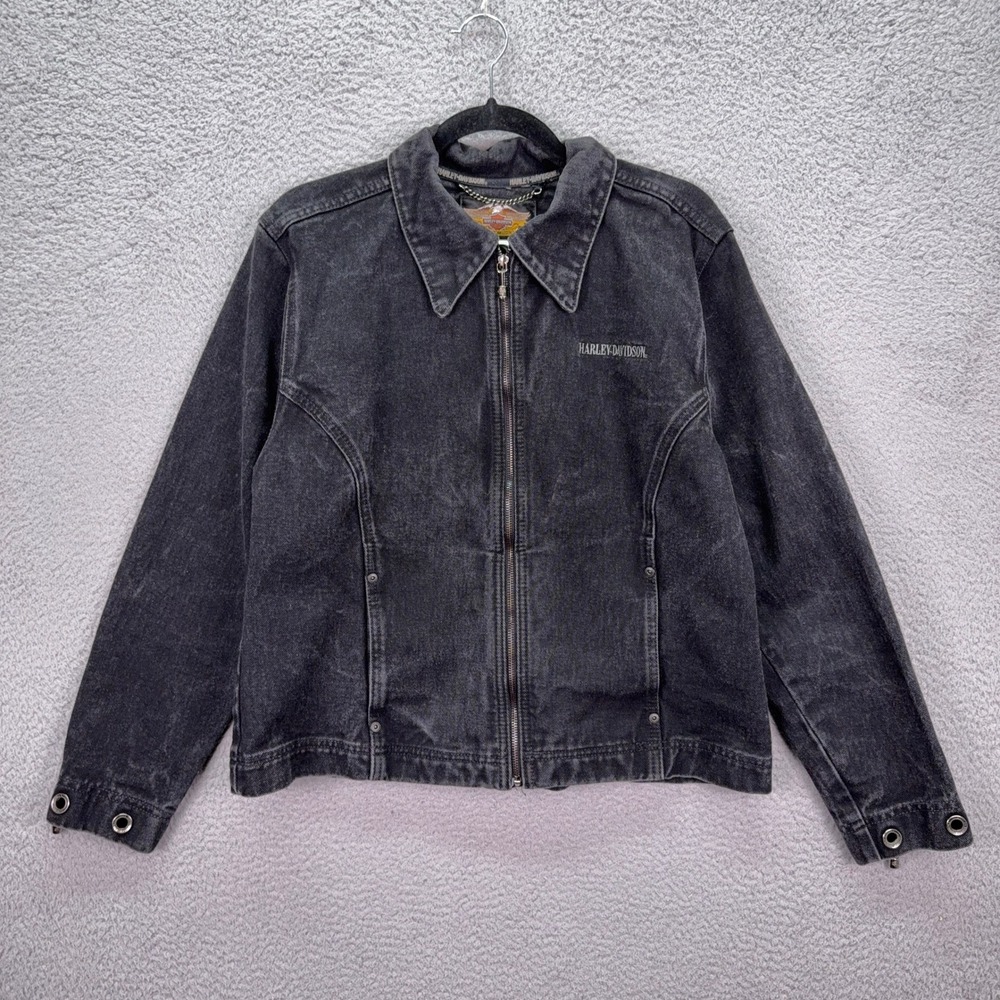 Harley-Davidson Jacket Womens L Faded Black Denim Zip Biker Winged Logo Rugged - Picture 2 of 9